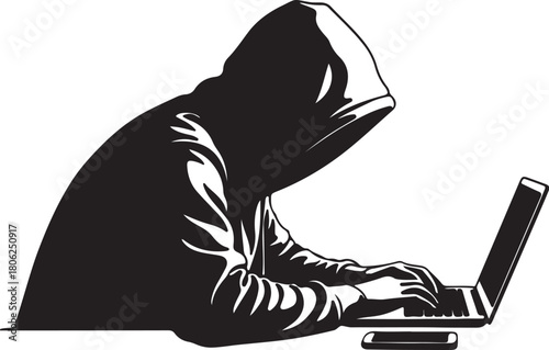 Anonymous Hacker Silhouette Working on a Laptop in a Dramatic Style computer typing on transparent background