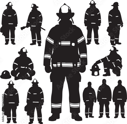 Collection of firefighter silhouettes in various poses and actions Keywords: silhouette, firefighters, firemen, fire department, emergency services, rescue, safety, on transparent background