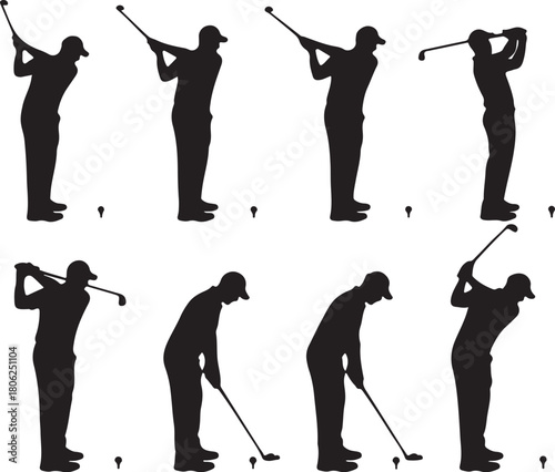 Golf Swing Sequence Silhouettes Showing Backswing Downswing and Follow Through golfer on transparent background