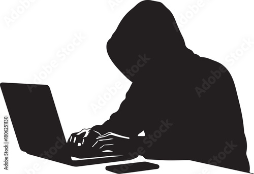 Hacker Silhouette Typing on a Laptop with a Hooded Sweatshirt and Phone computer on transparent background