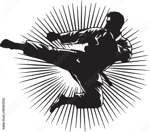Silhouette of a martial artist performing a flying kick with radiating lines Keywords: silhouette, martial arts, karate, kick, flying, action, dynamic, movement, fighter, on transparent background