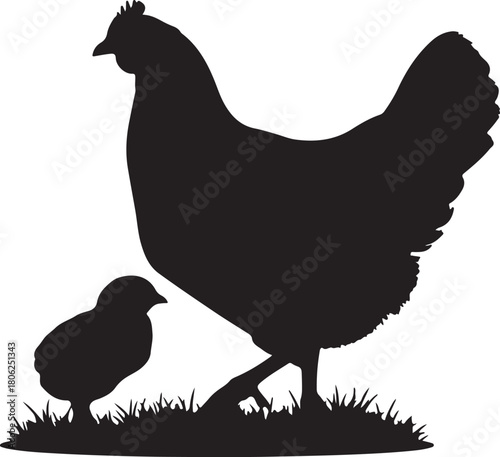 Silhouette of a mother hen and chick standing on grass Keywords: chicken, hen, chick, baby chicken, bird, poultry, farm animal, domestic animal, animal silhouette, mother on transparent background