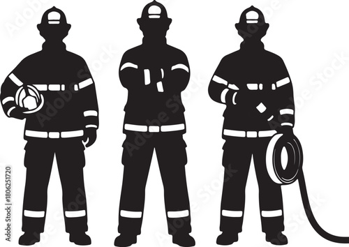 Three Firefighter Silhouettes Holding Equipment on White Background Keywords: firefighter, firemen, fire fighter, emergency, rescue, uniform, helmet, hose, axe, equipment, on transparent background