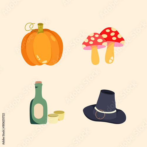 Holiday Thanksgiving artwork including pumpkin, red mushroom, wine bottle, and hat suitable for design and media use