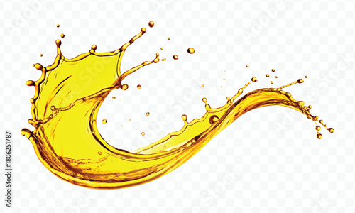 abstract smooth liquid oil splashing with droplets in curve style isolated on white background	
