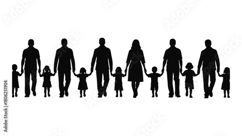 Diverse family silhouettes holding hands isolated on white background, Vector