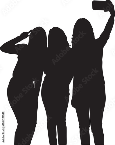 Three young women taking a selfie together with one holding a phone Keywords: silhouette, women, selfie, group, friends, phone, technology, happy, fun, gesture, peace sign, on transparent background
