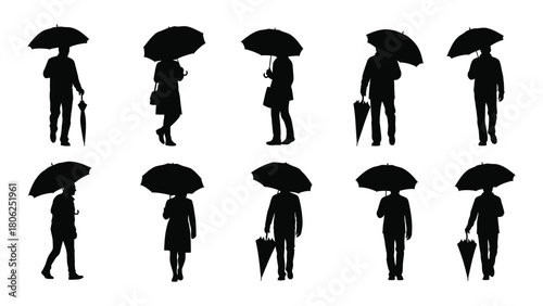People with umbrellas silhouettes isolated on white background, Vector