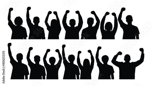 Silhouettes of people with raised fists isolated on white background, Vector