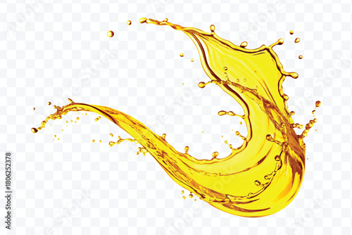 abstract smooth liquid oil splashing with droplets in curve style isolated on white background	
