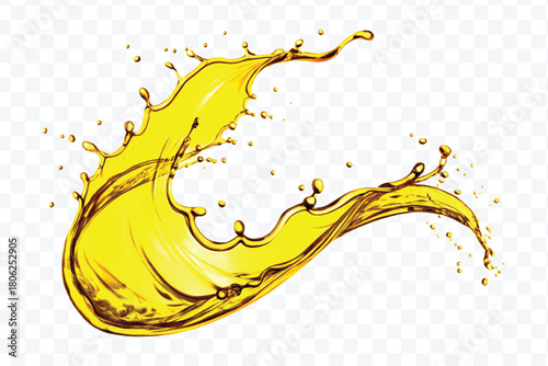 abstract smooth liquid oil splashing with droplets in curve style isolated on white background	
