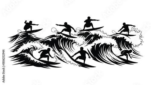 Surfing silhouettes on waves isolated on white background, Vector