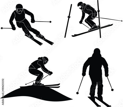 Downhill Skiers Turning Jumping and Standing Silhouette Collection