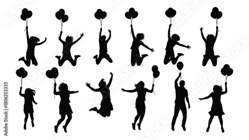 Joyful jumping people with balloons silhouettes isolated on white background, Vector