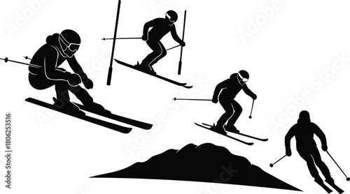 Alpine Skiers Racing Downhill Silhouette Vector Set