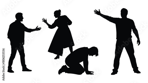 Silhouettes depicting conflict and emotional tension isolated on white background, Vector