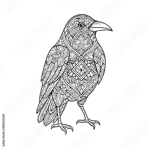 Captivating Raven with Mandala Pattern An Intricate Black and White Zentangle Illustration for Creative Projects