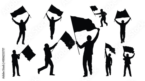 People waving flags silhouettes isolated on white background, Vector