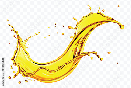 abstract smooth liquid oil splashing with droplets in curve style isolated on white background	

