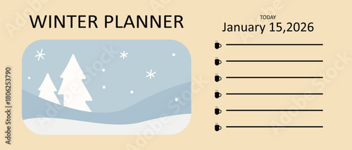Aesthetic Winter Planner Template Design: Printable Daily To-Do List with Cozy Snowy Landscape & Evergreen Trees for January 2026