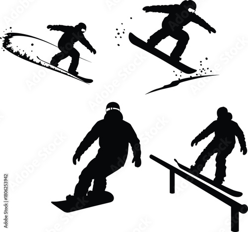 Freestyle Snowboarders Performing Tricks Silhouette Vector Collection