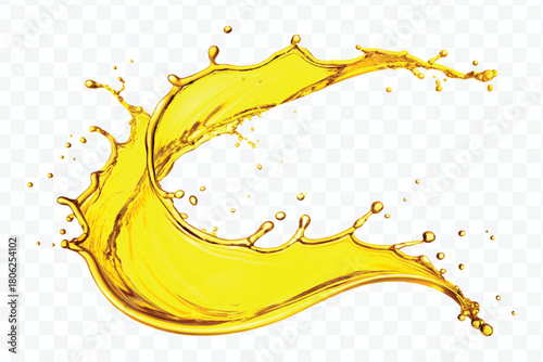 abstract smooth liquid oil splashing with droplets in curve style isolated on white background	
