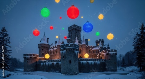 Wallpaper Mural Enchanting winter castle illuminated by colorful festive lights under a starry sky, perfect for holiday magic and fairytale dreams this Christmas season Torontodigital.ca