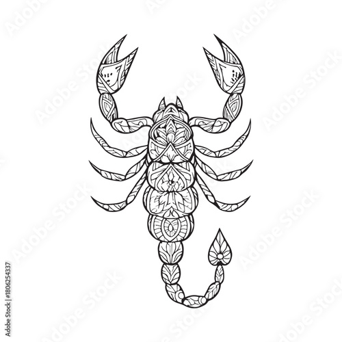 Hand-drawn scorpion with detailed mandala and zentangle patterns on its body and claws. Black and white vector illustration of the Scorpio astrological symbol for tattoo art or decoration