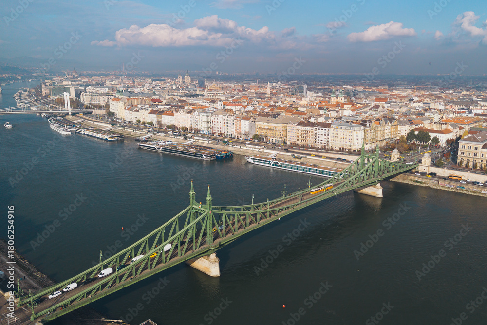 Fototapeta premium Aerial view of Budapest with Liberty Bridge and Danube river.