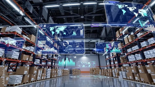 Advanced graphic displays show real-time data and analysis in a busy warehouse setting, enhancing efficiency and streamlining logistics operations seamlessly