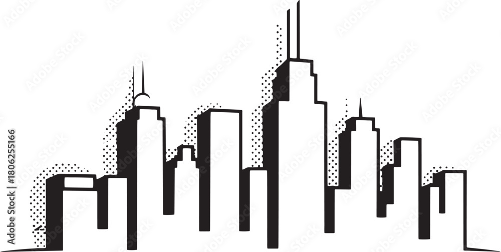 Obraz premium Black and white cityscape silhouette with dotted shading and clean lines skyline