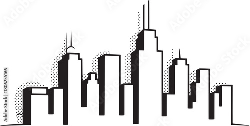 Black and white cityscape silhouette with dotted shading and clean lines skyline
