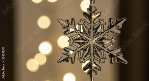 Elegant crystal snowflake ornament shimmering against soft bokeh lights, perfect for adding festive cheer to your holiday designs and Christmas promotions