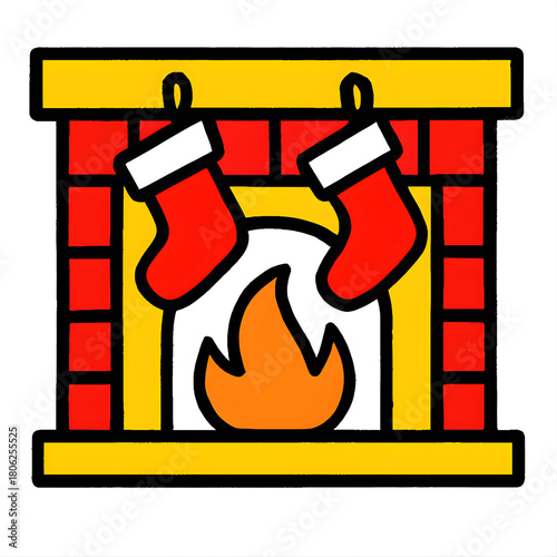 Cozy Christmas Fireplace Scene | Festive Holiday Cartoon Illustration, isolated transparent png