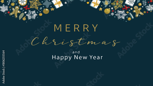 Merry christmas and happy new year greeting card with festive decorations on a dark teal background design