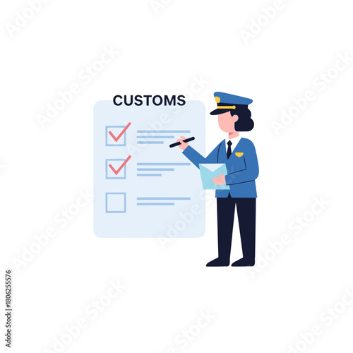 Customs officer checking documents and filling forms in flat style  