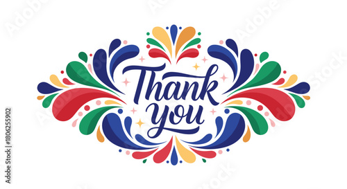 Thank you lettering with colorful floral elements in decorative style  