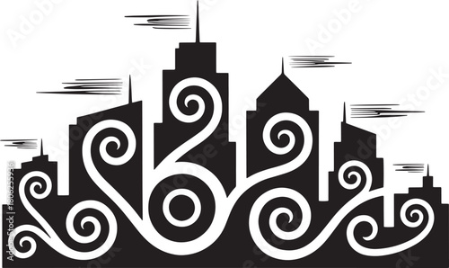 Black cityscape silhouette with white swirling patterns and horizontal lines urban