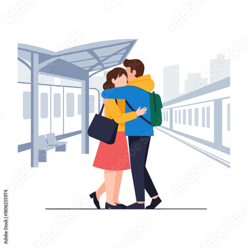Couple embracing at train station platform with city background  