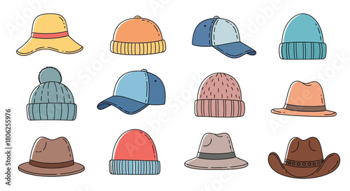 Collection of colorful hand drawn hats and caps in various styles
