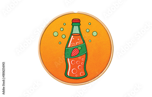 Refreshing orange soda pop art illustration with strawberry branding, perfect for summer advertising and beverage promotions, evokes happy, playful vibes