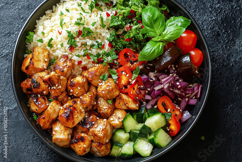 Chicken Shawarma Bowl. A vibrant bowl of grilled chicken, fresh vegetables, and rice, showcasing a colorful and healthy meal option.