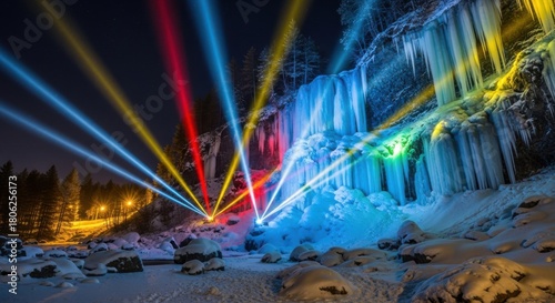Spectacular frozen waterfall illuminated by vibrant spotlights under starry sky creates a breathtaking winter landscape perfect for travel and adventure