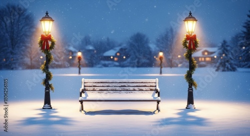 Experience the magic of winter with snow falling on a park bench and festive lampposts adorned with red bows creating a nostalgic Christmas scene