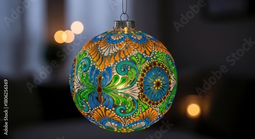 Ornate Christmas ornament glows with vibrant colors, bringing festive cheer to holiday decor and adding a touch of elegance to any Christmas tree