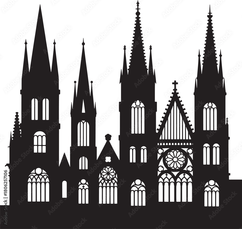 Fototapeta premium Black silhouette of a gothic cathedral facade with spires and arched windows architecture building