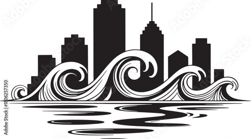 Black silhouette of city buildings against stylized ocean waves and water reflections skyline
