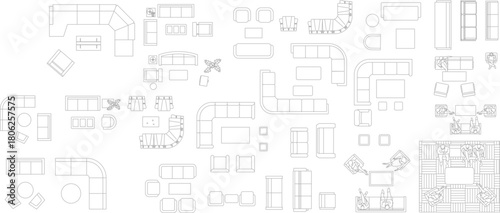 Extensive vector line drawings of modular and sectional sofas, armchairs, and tables in plan view, showcasing complex living room arrangement possibilities.