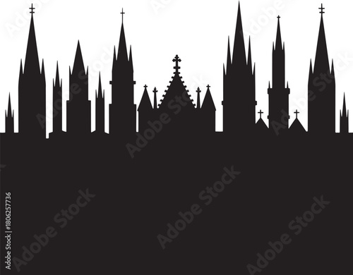Black silhouette of gothic church spires and building rooftops against a white background architecture