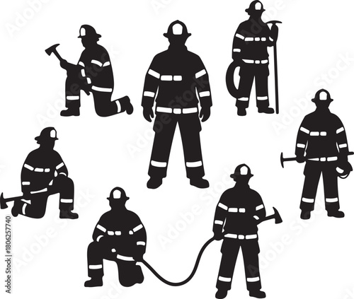 Collection of black silhouettes of firefighters in uniform with tools on a white background firemen fire department on transparent background